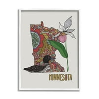 Stupell Industries Minnesota State Loon Bird zamršeno cvjetanje cvijeća Grafička umjetnost bijela uokvirena umjetnička print zidna