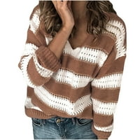 Džemperi bez obruba za žene na rasprodaji Plus size ženski pleteni džemper s izrezom u obliku slova u i prugama dugih rukava kaki