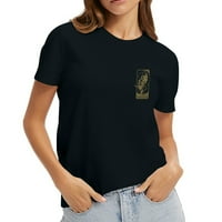 Ženska ljetna majica, Slatka široka majica s grafičkim printom, ležerni vrhovi s okruglim vratom i kratkim rukavima, Crna majica