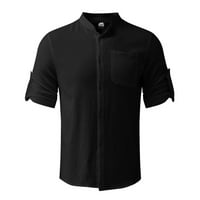 Ležerne košulje na kopčanje za muškarce, jednobojna pamučna bluza sa stojećim ovratnikom, ljetne košulje kratkih rukava, crne košulje