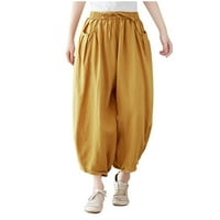 Ženske široke platnene kratke hlače od pamuka i lana s širokim nogavicama Ležerne rastezljive Harem hlače s džepovima