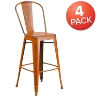 Komercijalna barska stolica visoke 30 inča od istrošenog narančastog metala za unutarnju i vanjsku upotrebu s naslonom