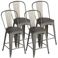 Metalne stolice za blagovanje s visokim naslonom s drvenim sjedalom, set od 4 komada, sivi metalni pištolj