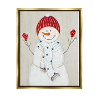 Stupell Industries Sezonski snjegović nasmiješeni crveni šešir za odmor slika zlatni plutač uokviren umjetnički print zid umjetnost