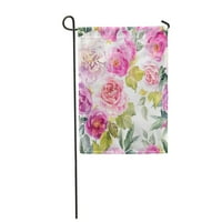 Cvjetni uzorak akvarela od zelenih ruža s ljubičastim i ružičastim buketom na bijeloj zastavi, ukrasnom natpisu za dom