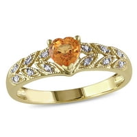 Ženski prsten u obliku srca u obliku srca s narančastim safirom i dijamantima od žutog zlata od 10 karata sa srcem u obliku lista