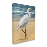 Stupell Industries Bijela čaplja za ptice stojeće plaže obale valova slikanja galerija zamotana platna za tisak zidne umjetnosti,