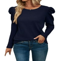 Ženska majica s okruglim vratom, jednobojna majica, jesenski pulover s volanima, Mornarsko plava