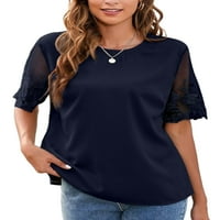 Ženska majica s okruglim vratom, šifonski ljetni vrhovi, udobna bluza od tunike,majica kratkih rukava, Mornarsko plava