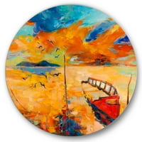 Dizajnerska umjetnost Brod na jezeru za vrijeme večernjeg sjaja morski i obalni krug s metalnim zidnim umjetninama - disk od 11