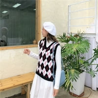 Ženski pleteni džemper s izrezom u obliku slova u, karirani prsluk u engleskom stilu, pletena majica bez rukava Bez rukava