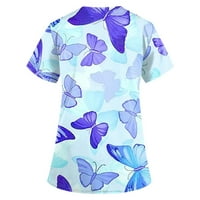 Ženski vrhovi pilinga s cvjetnim printom i leptirima s džepovima, kratkim rukavima i izrezom u obliku slova u, košulje Plus veličine,