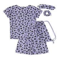 Pidžama Set za djevojčice u donjem rublju: majica, Kratke hlače, maska za oči, traka za kosu i torba, 5 komada, veličine 4 i plus
