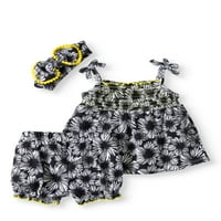 Djevojčica Crinkle Gaze BabyDoll Tank Top, Bloomer Shorts & Traka za glavu, Outfit Set