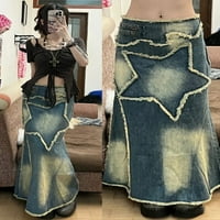 Ženska traper suknja iz 2000-ih, estetika grunge, nevjerojatan uzorak pentagrama, duge suknje s resicama, suknja iz 2000-ih, ulična