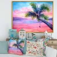 Dizajnerska umjetnost živopisni krajolik zalaska sunca s ljuljačkom i palmom s nautičkom i obalnom tematikom, uokvireni zidni otisak